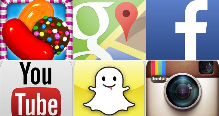 Pandora, Snapchat, Vine, Google, Apple, Facebook, Temple Run, Dumma mej, Candy Crush, Youtube, instagram